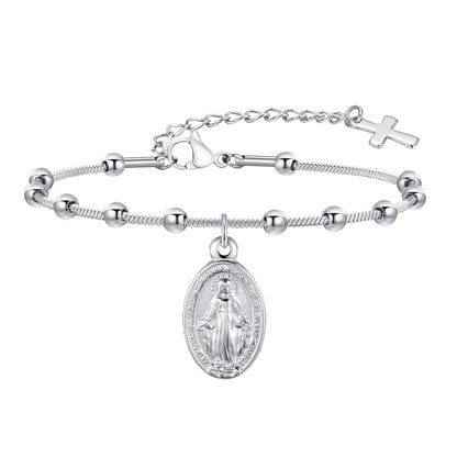 Rosary Bracelet for Women Girls, Gold Plated Stainless Steel Religious Cross and Virgin Mary Prayer Bracelets Gifts